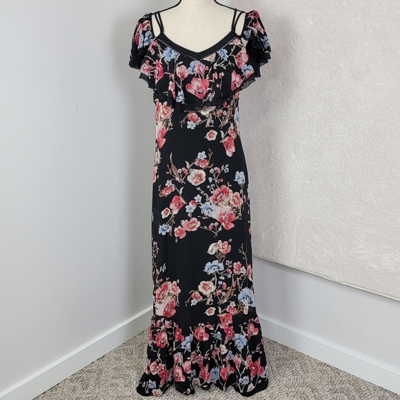 WHBM Black Elegant Boho Floral Embroidered Cold Shoulder Ruffled Maxi Dress Sz 6 - Picture 2 of 16